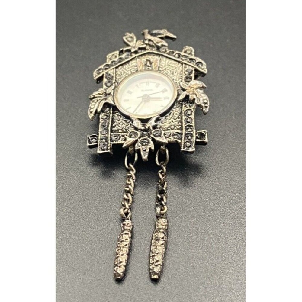 Vintage Watch Brooch/Pendant Lind Silver Tone Marcasite Cuckoo Clock Quartz 2.5" - Picture 7 of 7